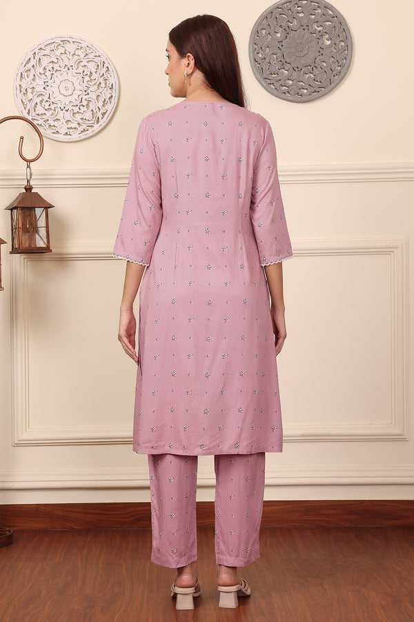 Pink Floral Printed Thread Embroidered Rayon Kurta And Pants Co-Ord Set