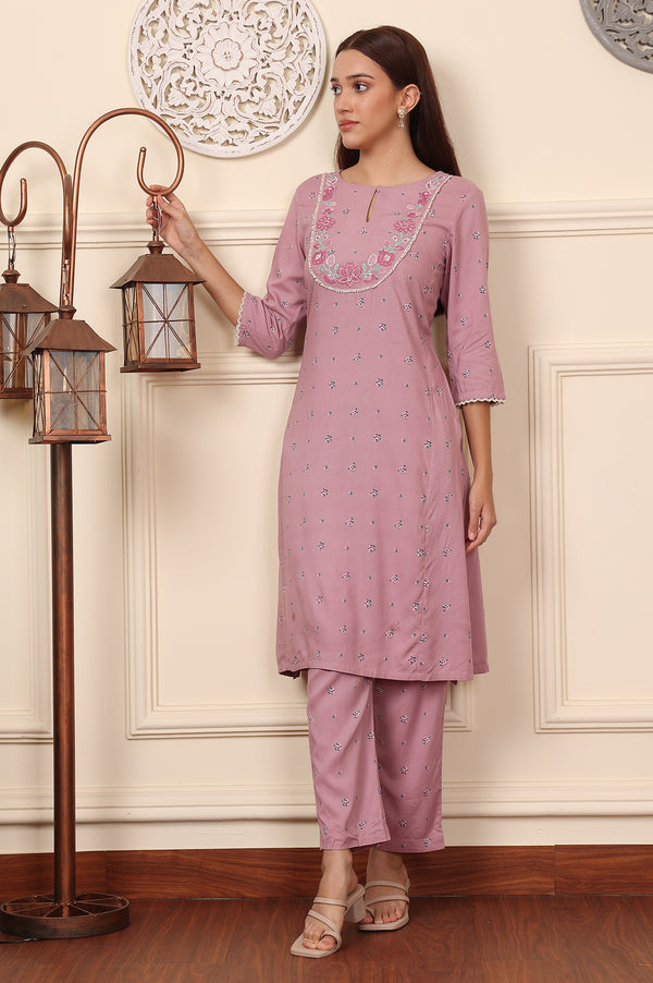 Pink Floral Printed Thread Embroidered Rayon Kurta And Pants Co-Ord Set
