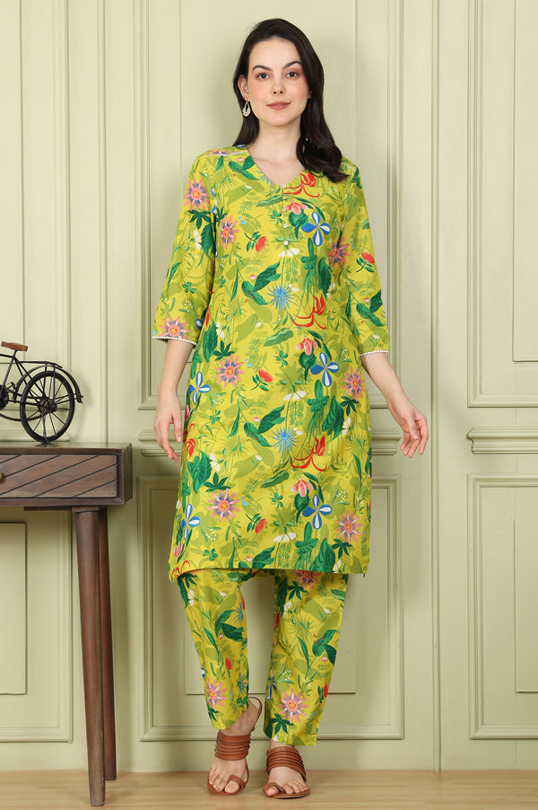 Green Floral Printed Pure Cotton Straight Kurta And Pants Co-Ord Set