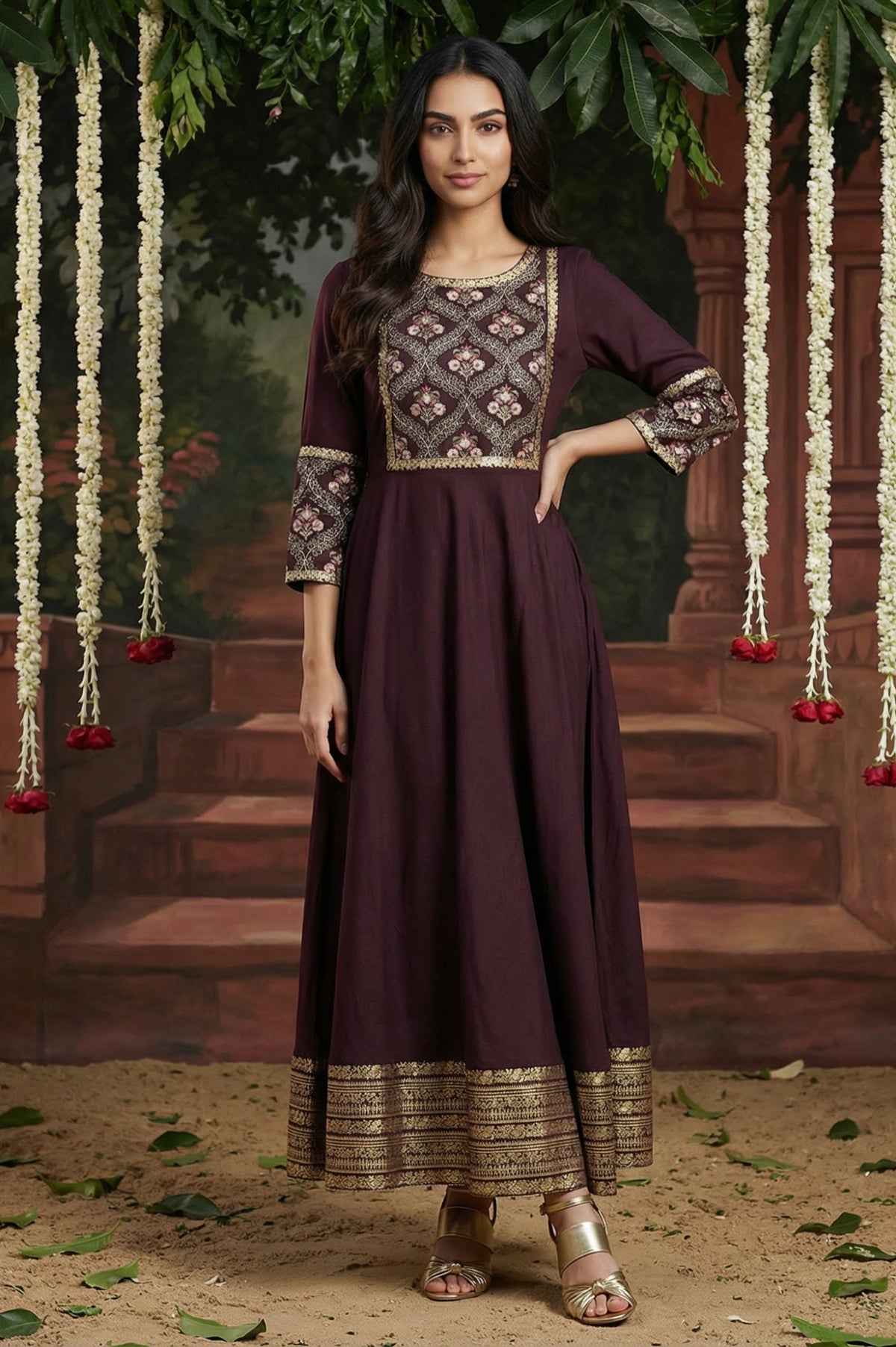 Purple Embroidered Festive Panelled Dress - XS