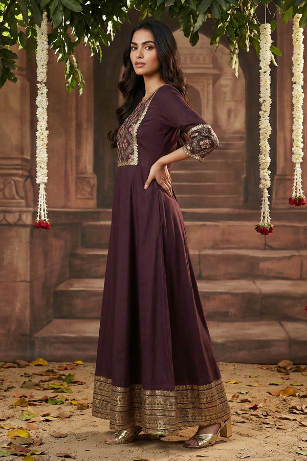 Purple Embroidered Festive Panelled Dress
