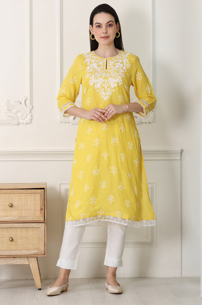 Yellow Floral Printed Dull Shantung Chikankari Straight Kurta - wforwoman