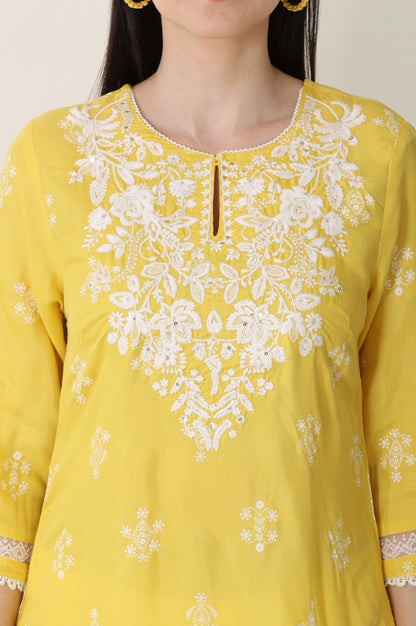Yellow Floral Printed Dull Shantung Chikankari Straight Kurta - wforwoman