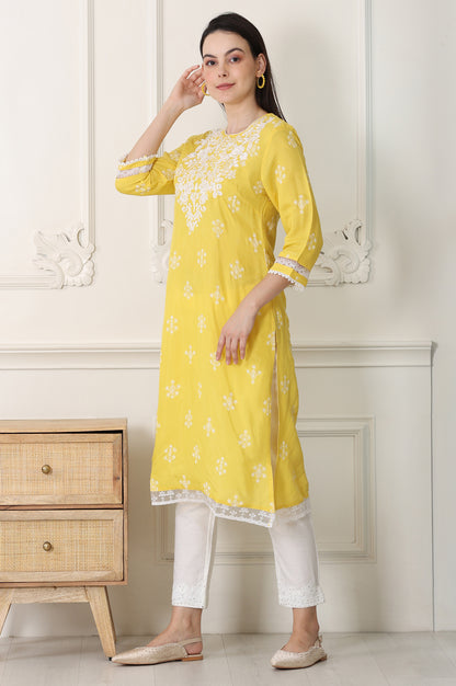 Yellow Floral Printed Dull Shantung Chikankari Straight Kurta - wforwoman