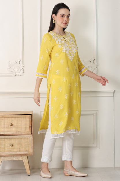 Yellow Floral Printed Dull Shantung Chikankari Straight Kurta - wforwoman