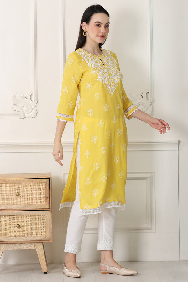 Yellow Floral Printed Dull Shantung Chikankari Straight Kurta