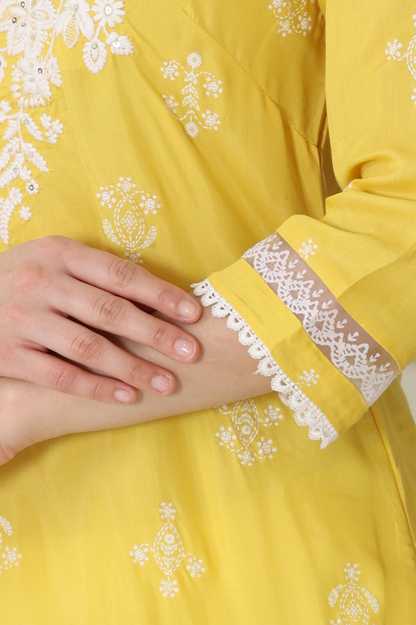 Yellow Floral Printed Dull Shantung Chikankari Straight Kurta