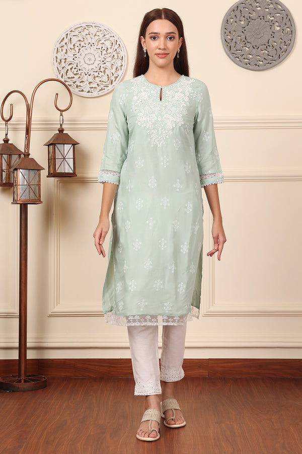 Mint Green Floral Printed Chikankari Straight Kurta