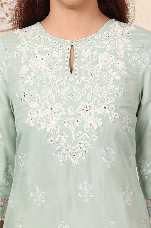 Mint Green Floral Printed Chikankari Straight Kurta