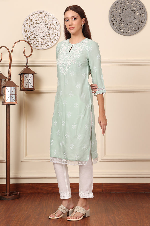 Mint Green Floral Printed Chikankari Straight Kurta