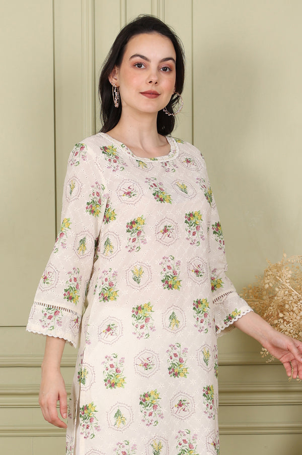 White Floral Printed Schiffli Pure Cotton Straight Kurta