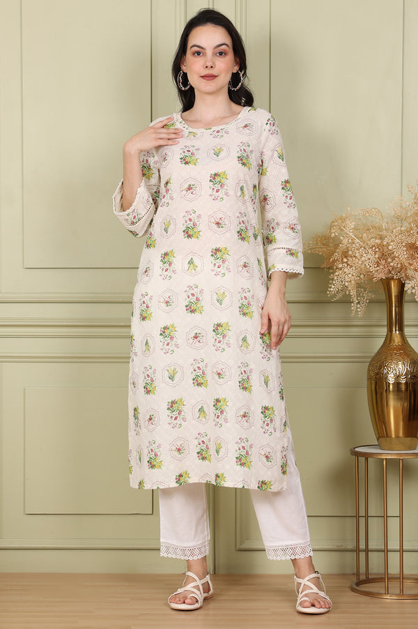 White Floral Printed Schiffli Pure Cotton Straight Kurta
