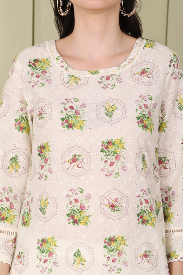 White Floral Printed Schiffli Pure Cotton Straight Kurta