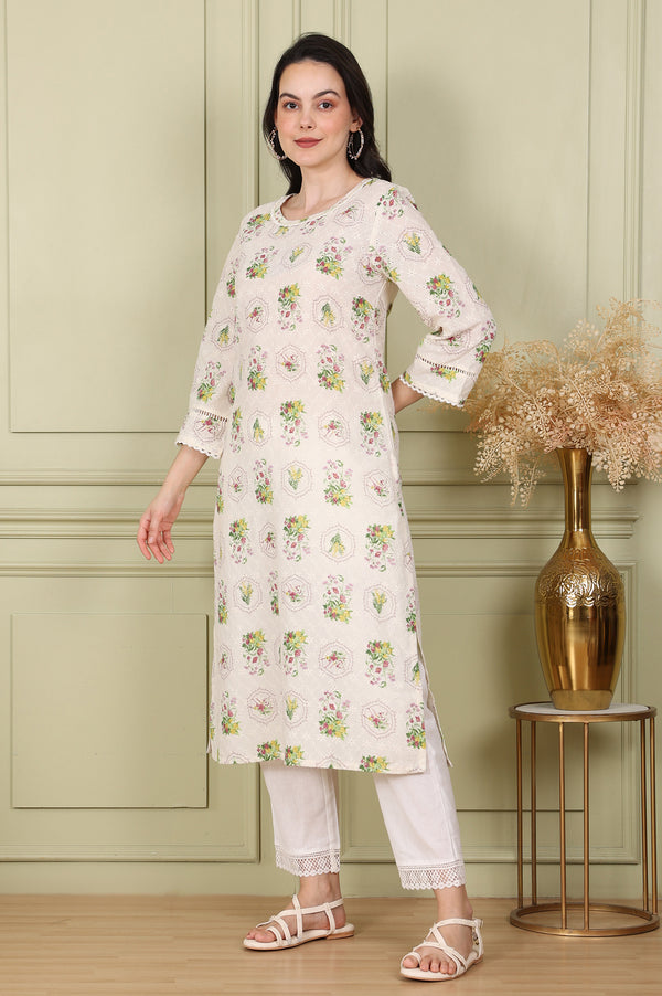 White Floral Printed Schiffli Pure Cotton Straight Kurta