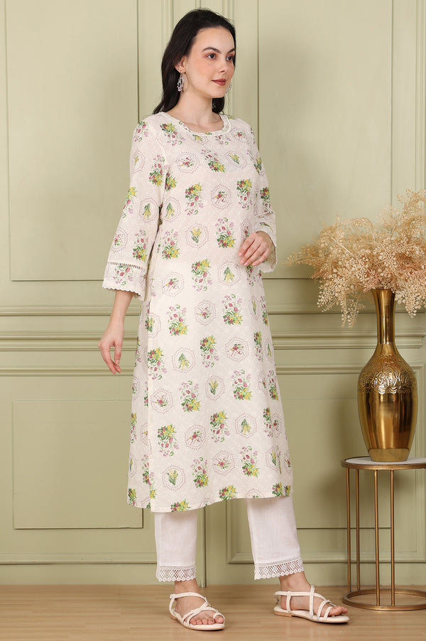 White Floral Printed Schiffli Pure Cotton Straight Kurta
