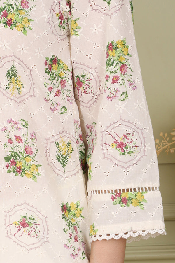 White Floral Printed Schiffli Pure Cotton Straight Kurta