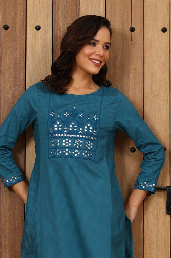 Teal Blue Mirror Work Pure Cotton Straight Kurta