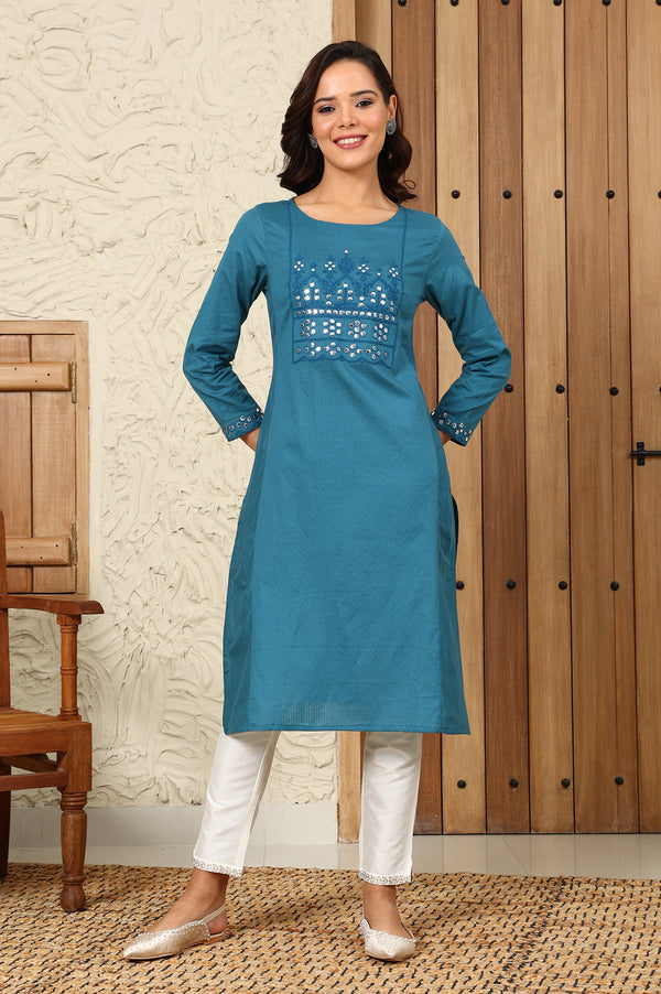 Teal Blue Mirror Work Pure Cotton Straight Kurta