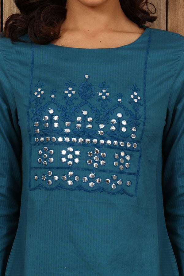 Teal Blue Mirror Work Pure Cotton Straight Kurta
