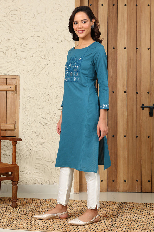 Teal Blue Mirror Work Pure Cotton Straight Kurta