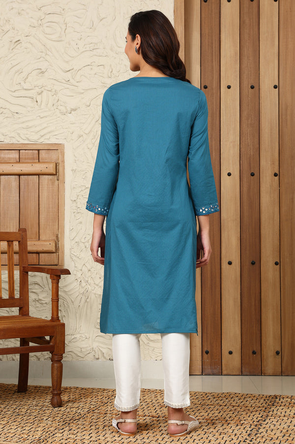 Teal Blue Mirror Work Pure Cotton Straight Kurta