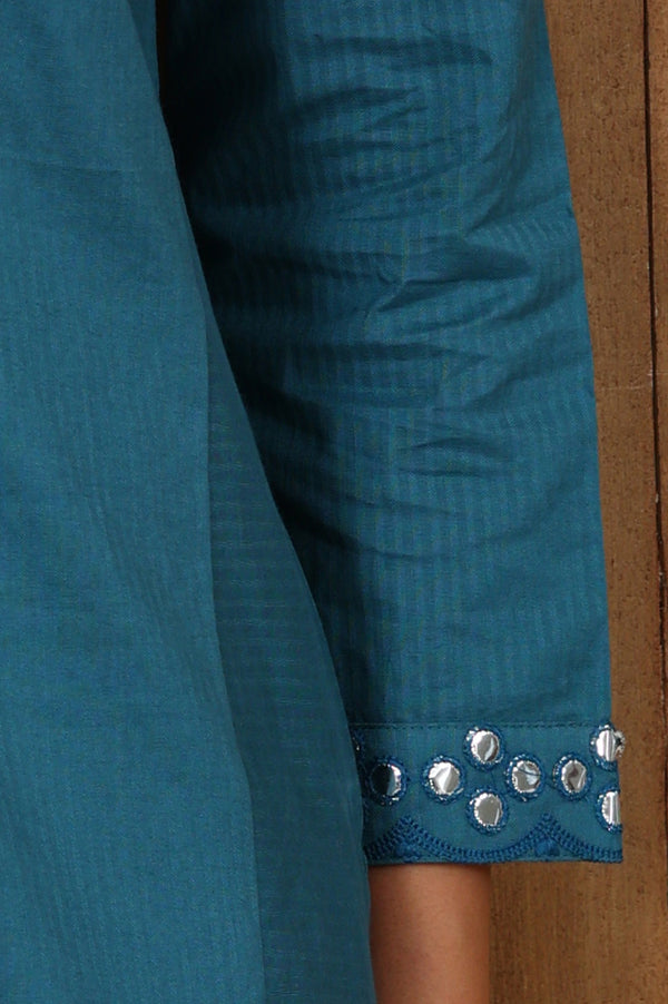 Teal Blue Mirror Work Pure Cotton Straight Kurta