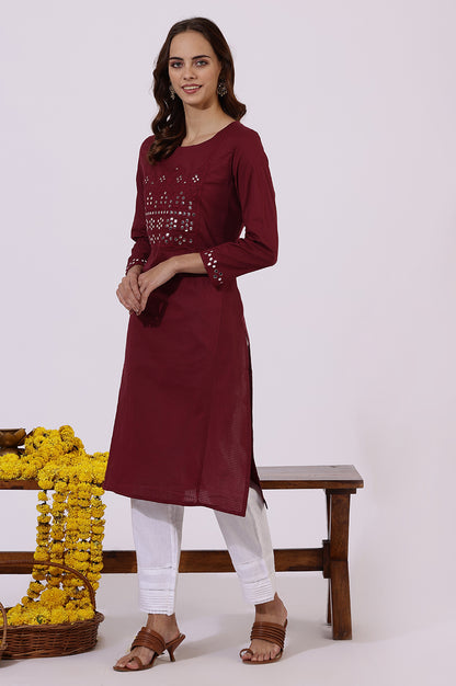 Maroon Solid Mirror work Pure Cotton Straight Kurta