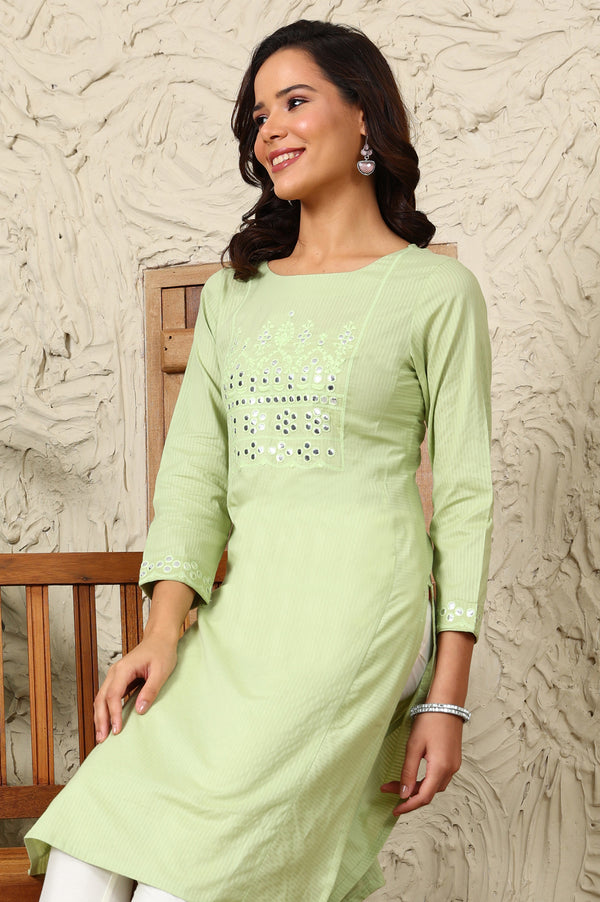 Green Mirror Work Pure Cotton Straight Kurta