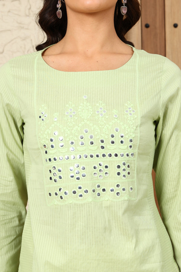 Green Mirror Work Pure Cotton Straight Kurta