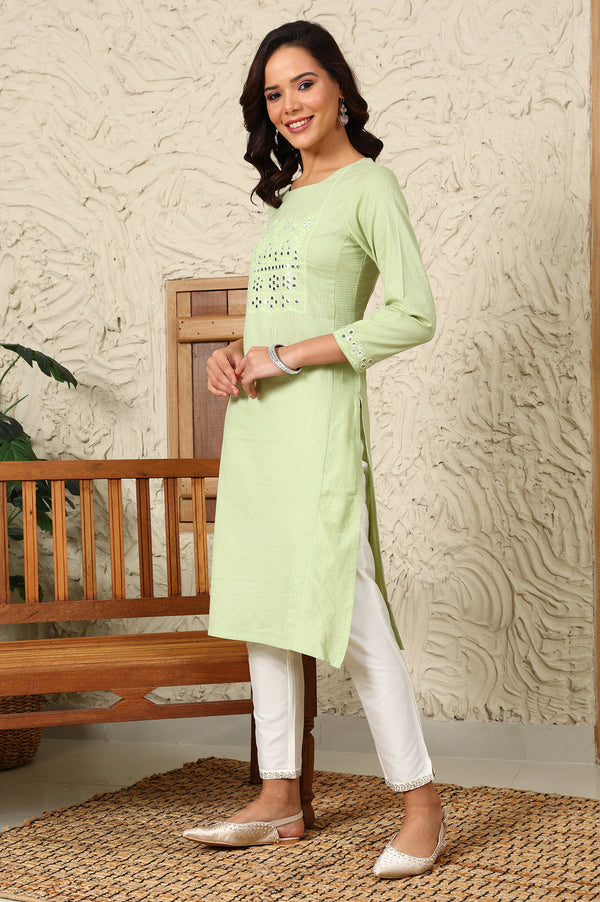 Green Mirror Work Pure Cotton Straight Kurta