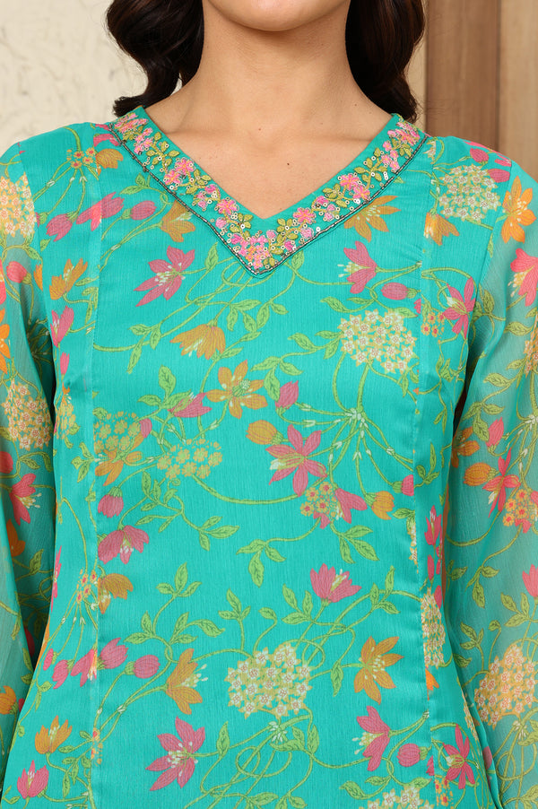 Teal Blue Floral Printed Embroidered Neckline Chiffon A-Line Kurta