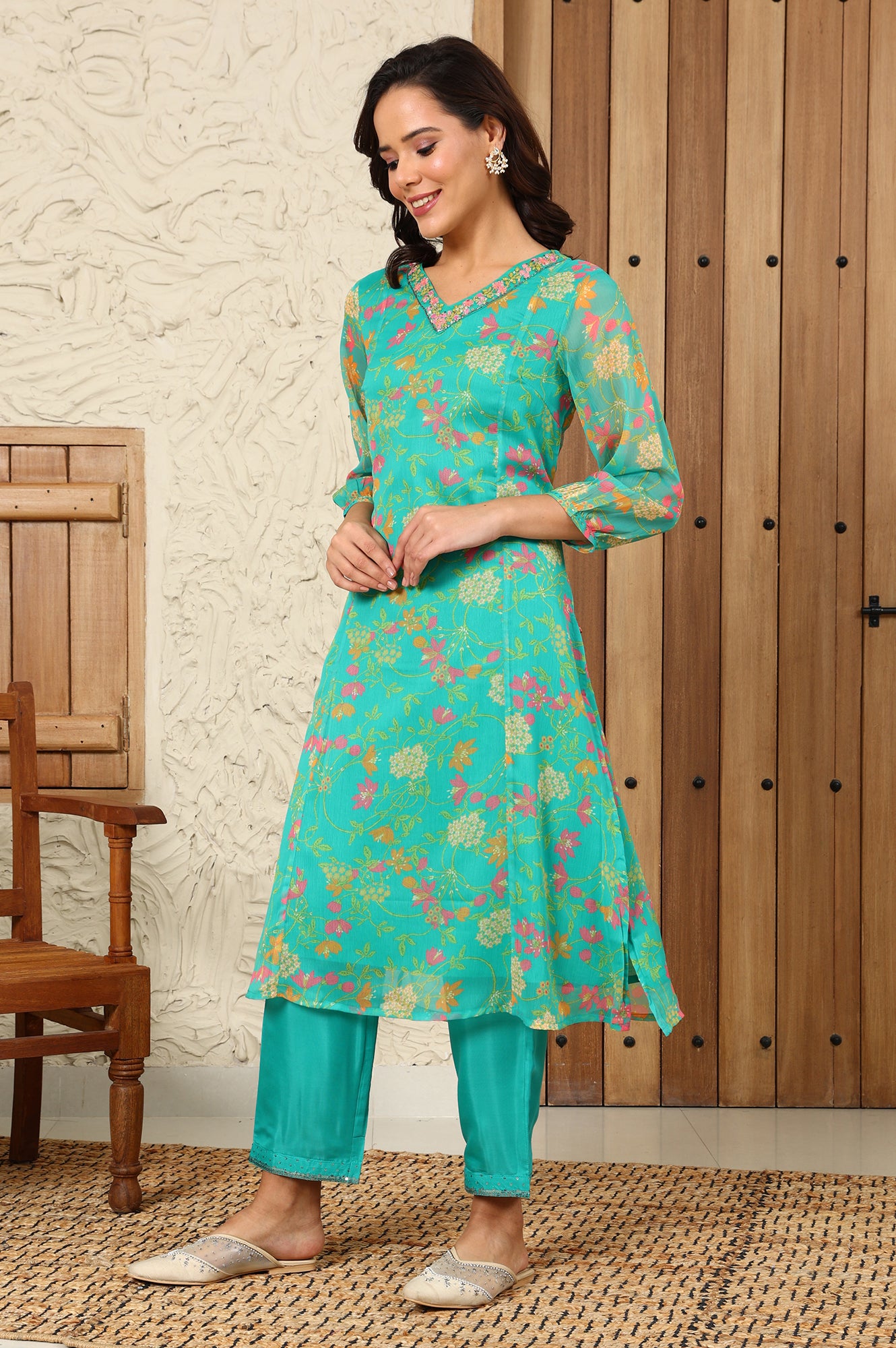 Teal Blue Floral Printed Embroidered Neckline Chiffon A-Line Kurta - wforwoman