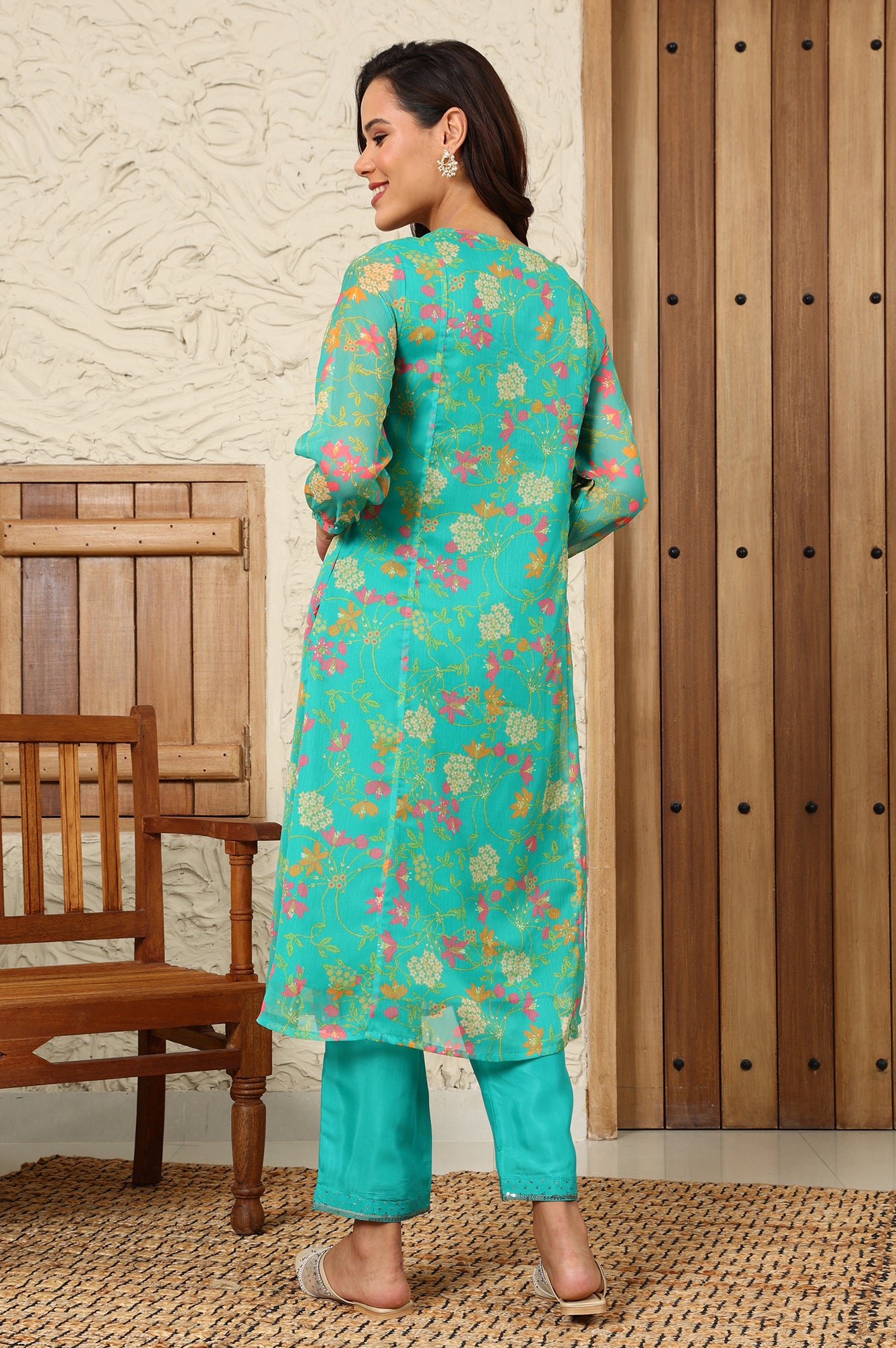 Teal Blue Floral Printed Embroidered Neckline Chiffon A-Line Kurta - wforwoman