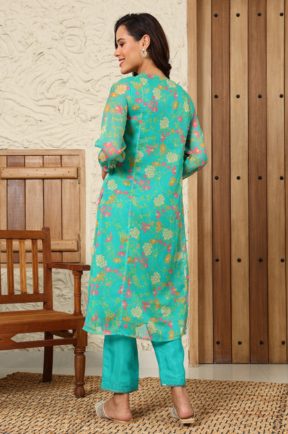 Teal Blue Floral Printed Embroidered Neckline Chiffon A-Line Kurta - wforwoman
