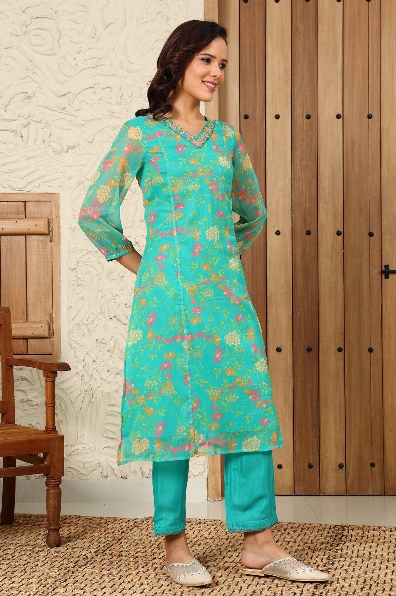 Teal Blue Floral Printed Embroidered Neckline Chiffon A-Line Kurta - wforwoman