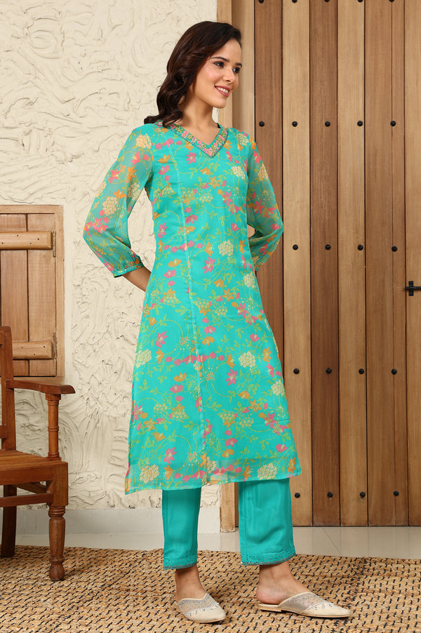 Teal Blue Floral Printed Embroidered Neckline Chiffon A-Line Kurta