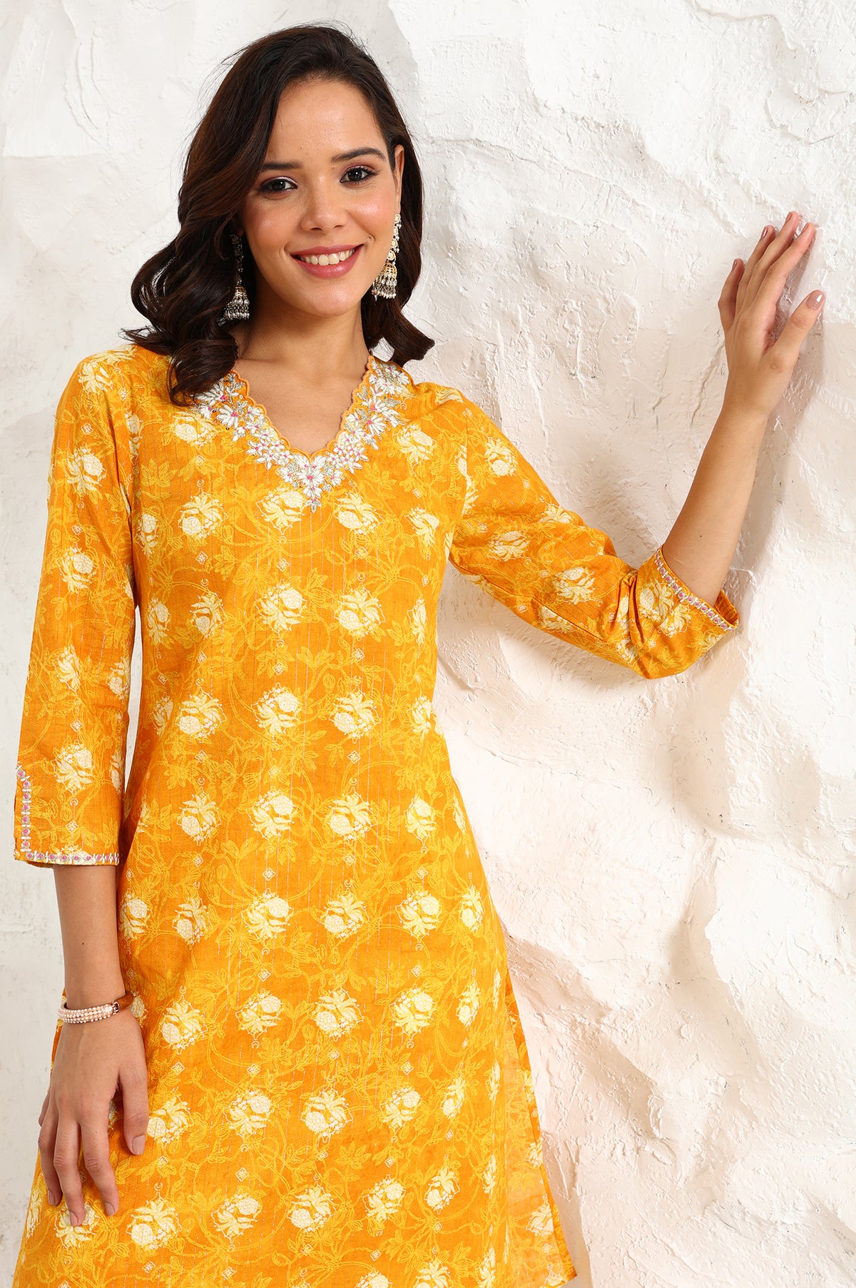 Marigold Yellow Floral Printed Metallic Embroidered Neck Cotton Blend Straight Kurta - XS
