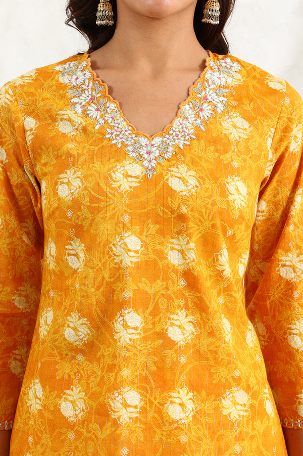 Marigold Yellow Floral Printed Metallic Embroidered Neck Cotton Blend Straight Kurta
