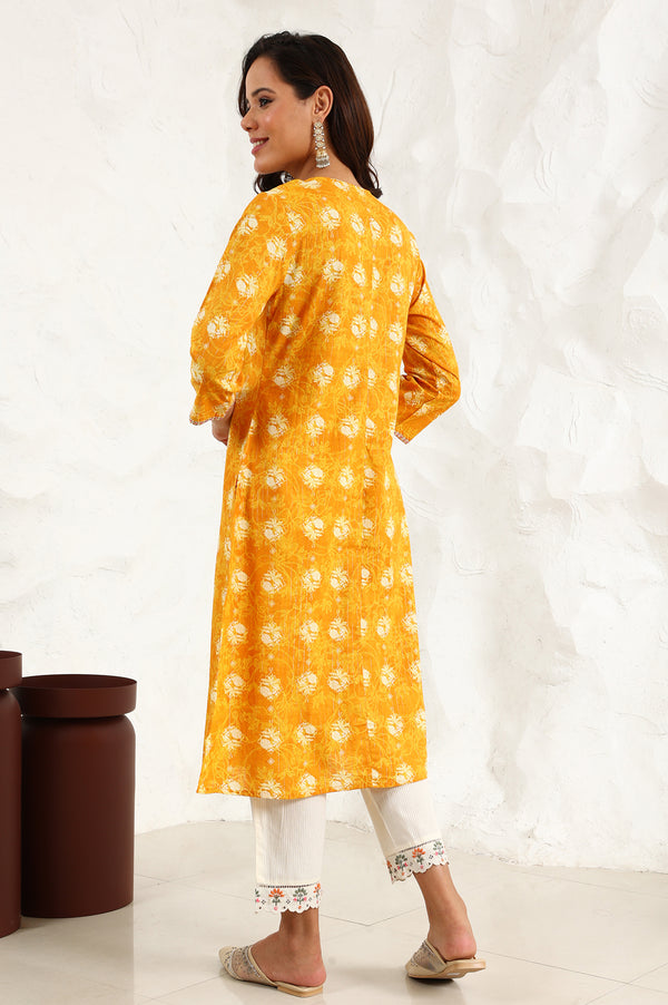 Marigold Yellow Floral Printed Metallic Embroidered Neck Cotton Blend Straight Kurta