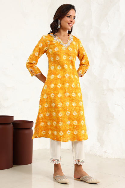 Marigold Yellow Floral Printed Metallic Embroidered Neck Cotton Blend Straight Kurta - wforwoman