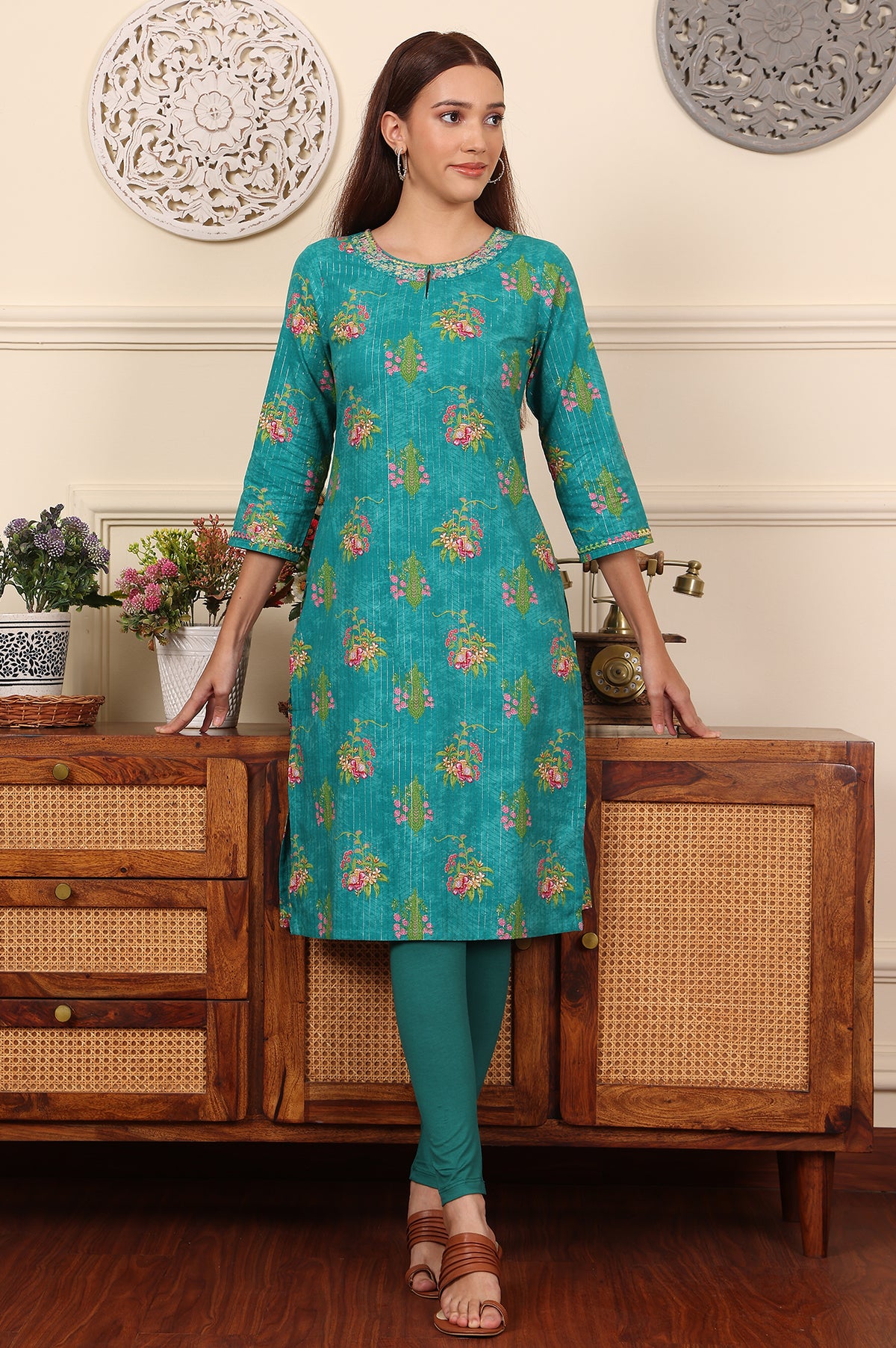 Dark Teal Floral Printed Embroidered Cotton Lurex Kurta - XS