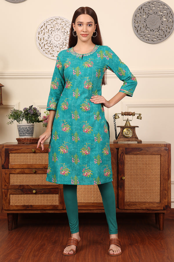 Dark Teal Floral Printed Embroidered Cotton Lurex Kurta