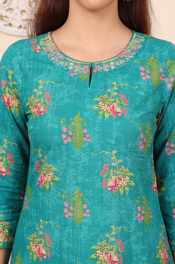 Dark Teal Floral Printed Embroidered Cotton Lurex Kurta