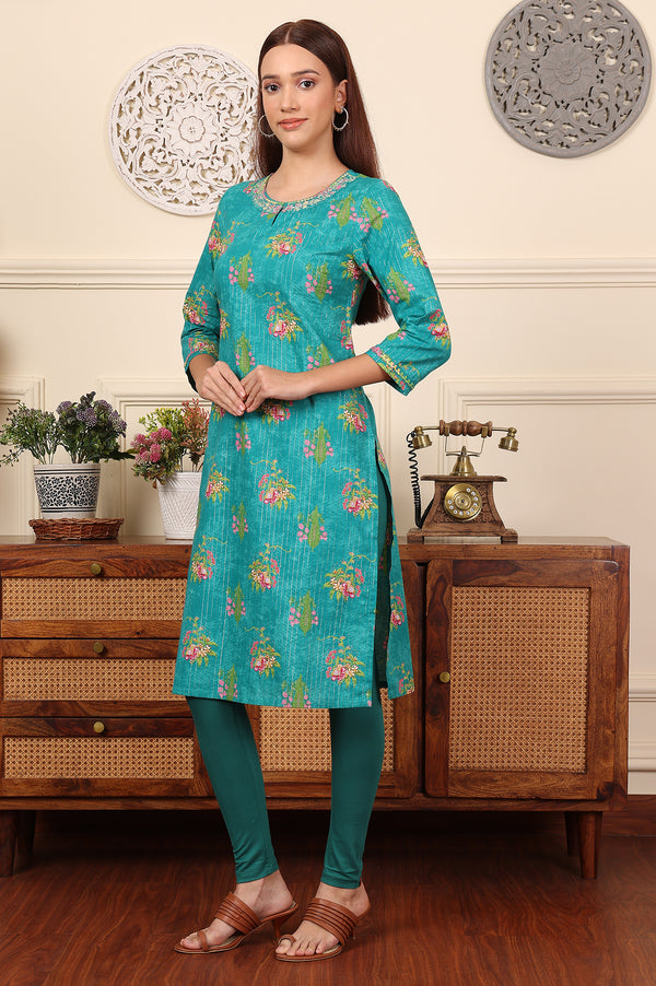 Dark Teal Floral Printed Embroidered Cotton Lurex Kurta