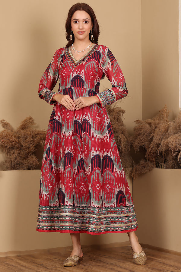 Red And Multi-Coloured Ikkat Printed Flared Dress With Thread & Mirror Work