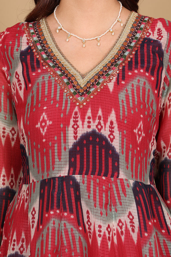 Red And Multi-Coloured Ikkat Printed Flared Dress With Thread & Mirror Work