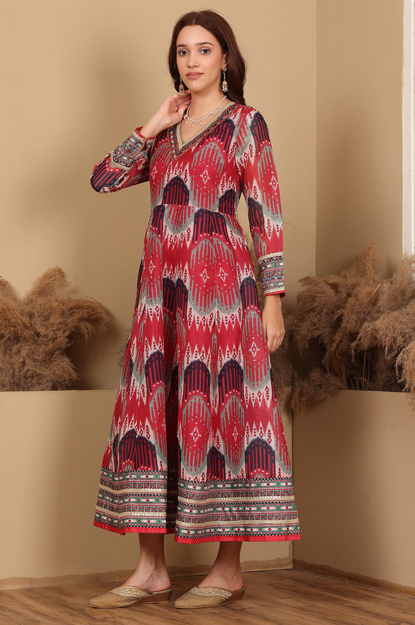 Red And Multi-Coloured Ikkat Printed Flared Dress With Thread & Mirror Work