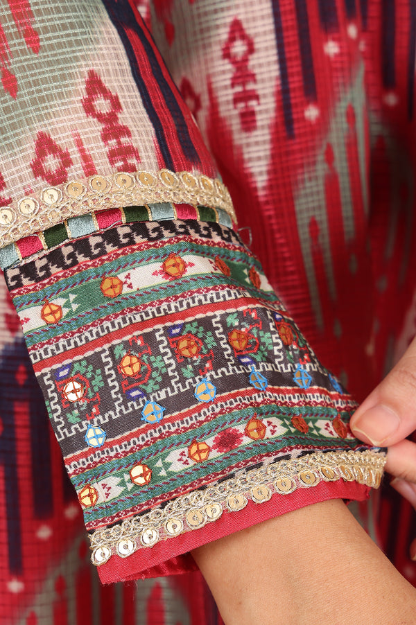 Red And Multi-Coloured Ikkat Printed Flared Dress With Thread & Mirror Work