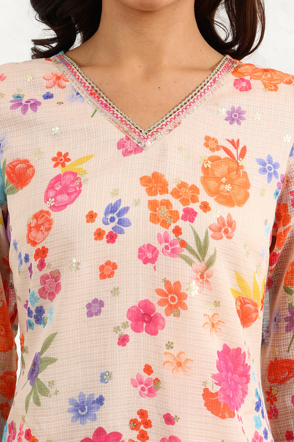 Cream Digital Foil Floral Printed Sequined Kota Straight Kurta