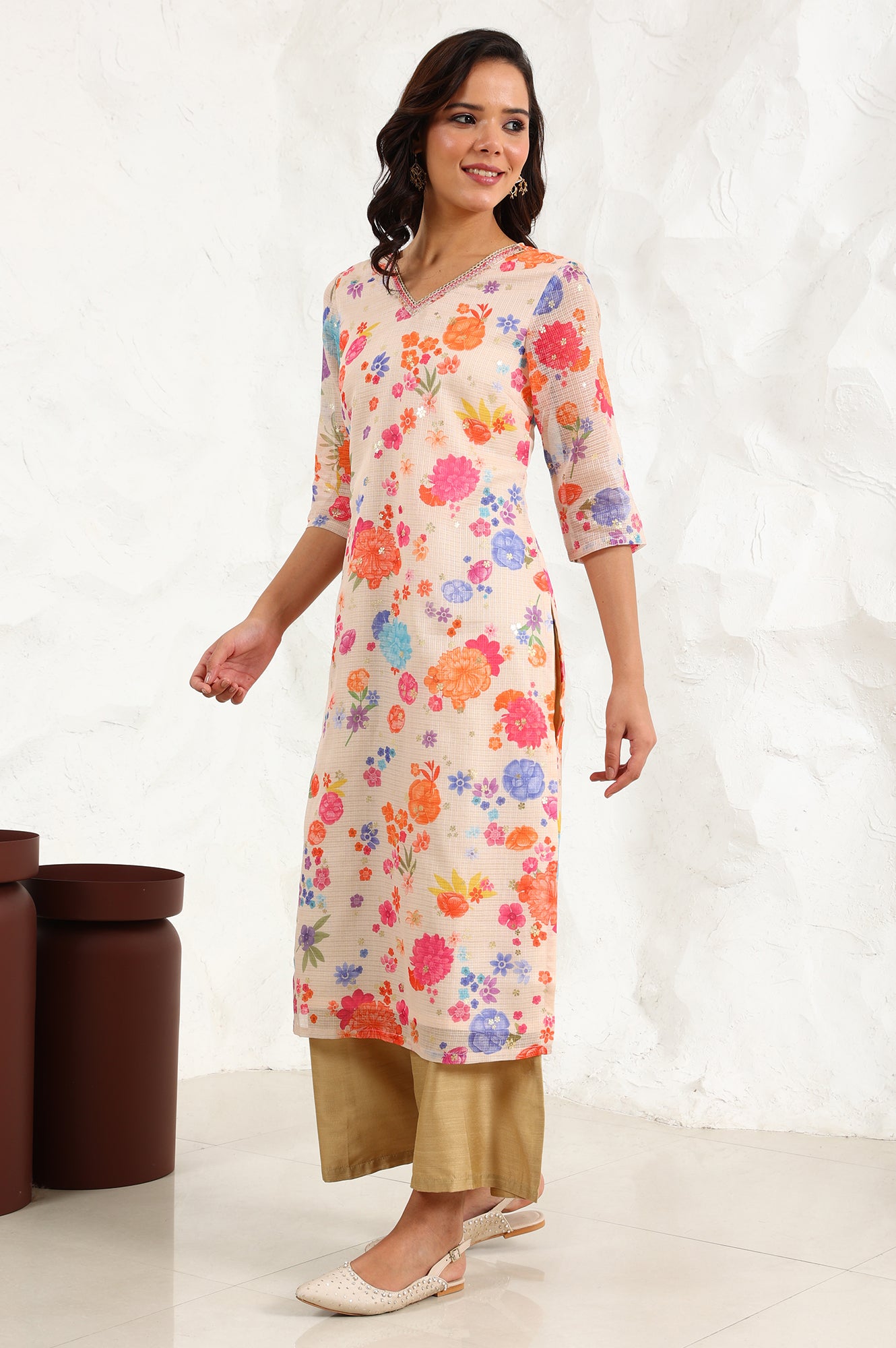 Cream Digital Foil Floral Printed Sequined Kota Straight Kurta - wforwoman